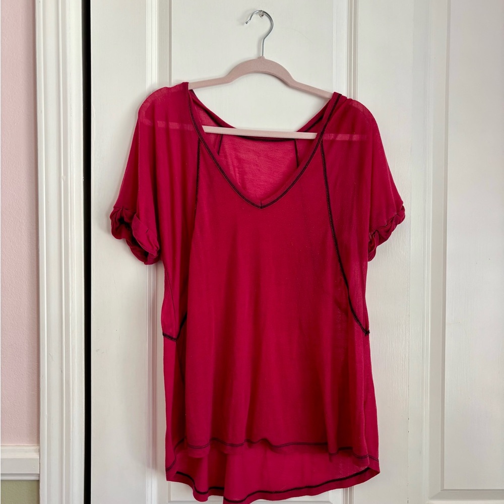 We The Free Burgundy Oversized V-Neck Short Sleeve Top